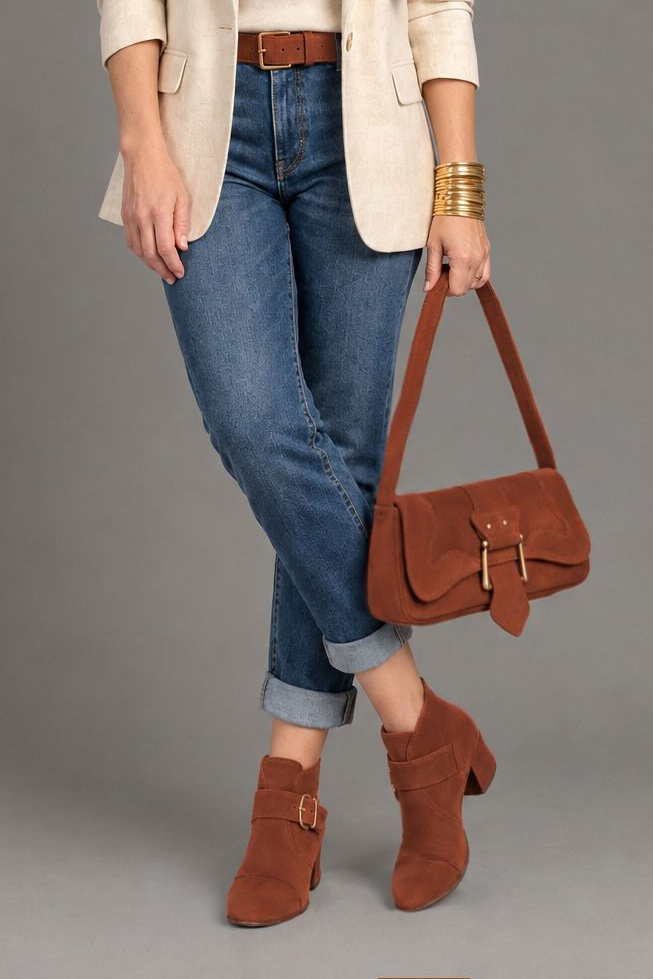 Women's terracotta front-buckle ankle boots with round toe and low flared heel - Worn view